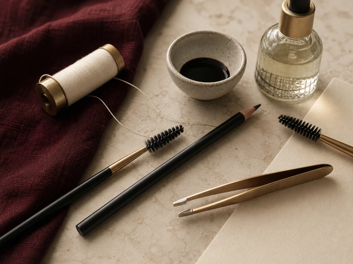 Brow mapping thread, a bowl of custom tint, a shaping pencil, spoolies, and tweezers laid out on wine linen