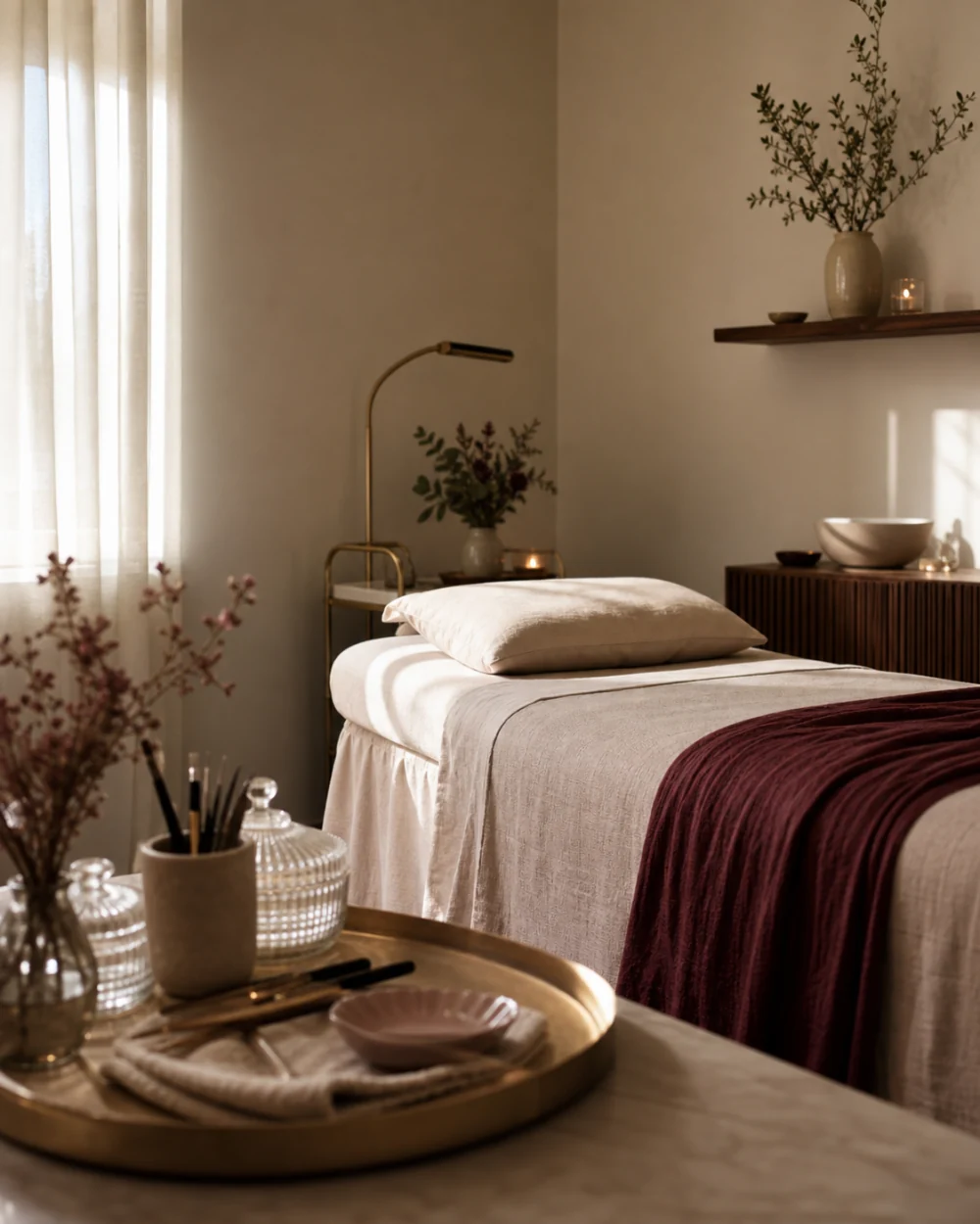 The private La Muse treatment room in Brantford — a single bed dressed in cream and wine, warm lamplight, dried florals, and a gold tray of brow tools