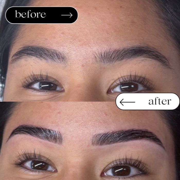 Before and after brow lamination and tint, dramatic finish